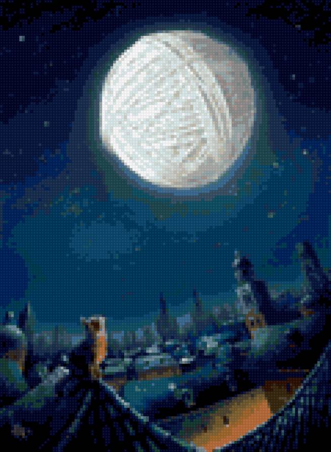 Лунная ночь - луна, город, кошки - предпросмотр