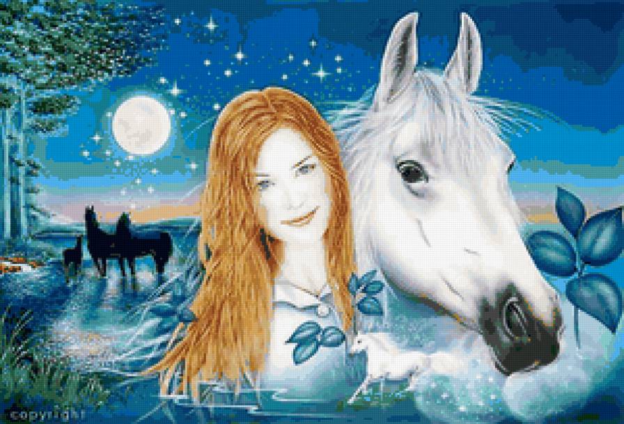 девушка и лошади - девушки, лошадь, картина, образ, животные - предпросмотр