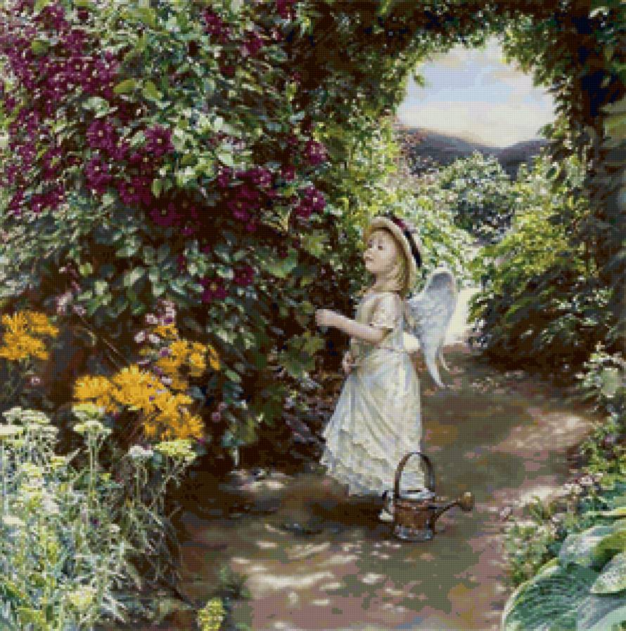 Ангелок в саду - цветы, ребенок, девочка, ангел - предпросмотр