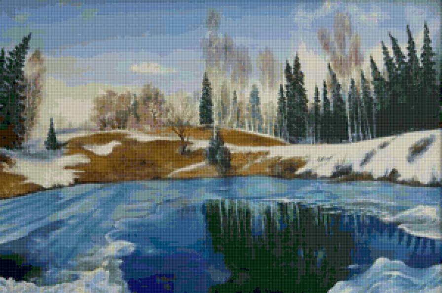 март - пейзаж, живопись, природа, снег, озеро, весна - предпросмотр