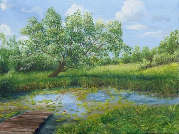 мосток - природа, деревья, пруд, прейзаж, живопись - оригинал