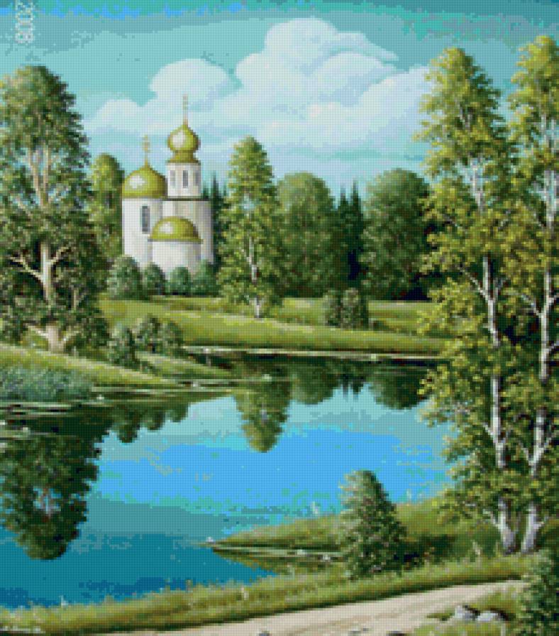 храм у реки - картина, пейзаж, храм - предпросмотр