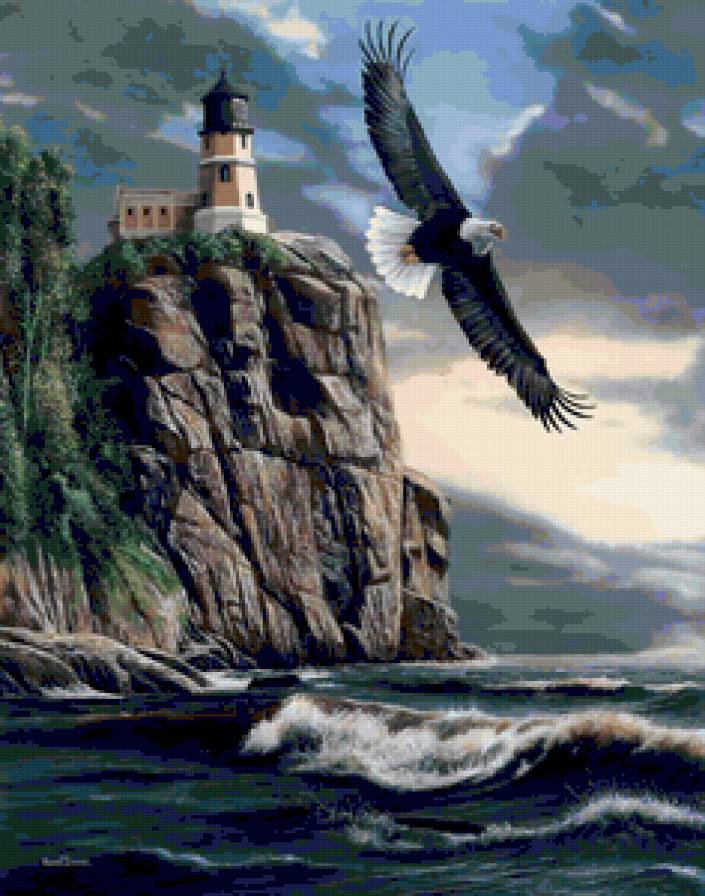 Маяк - орел, море, птица, маяк, пейзаж - предпросмотр
