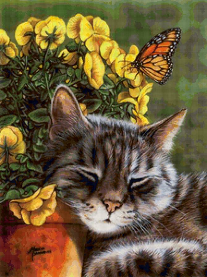 Котенок - котенок, бабочка, цветы, животные, кошка - предпросмотр