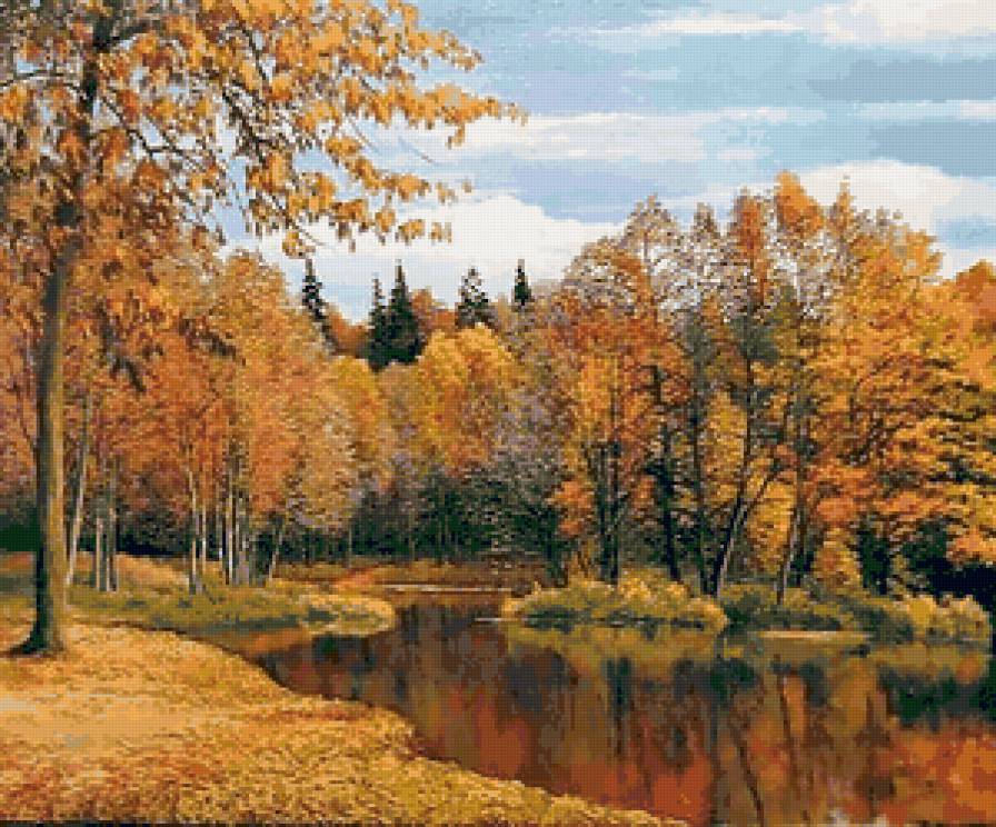 Золотая осень - березки, осень, река, пейзаж - предпросмотр