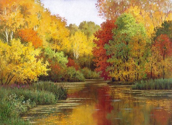 Краски осени - пейзаж, картина, осень, живопись, природа, река, лес - оригинал
