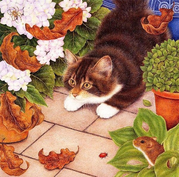 Падающие листья - цветы, котенок, животные, природа, кошка - оригинал