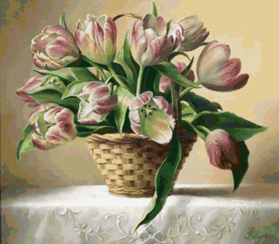 тюльпаны в вазе - тюльпаны, цветы, картина - предпросмотр