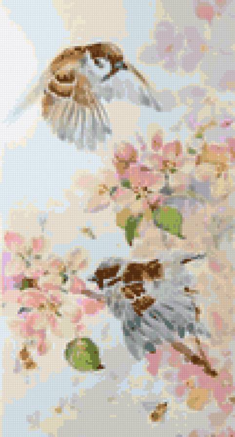 Весна Ольга Цурина - цветы, воробей, вишня, весна, птичка, розовый - предпросмотр