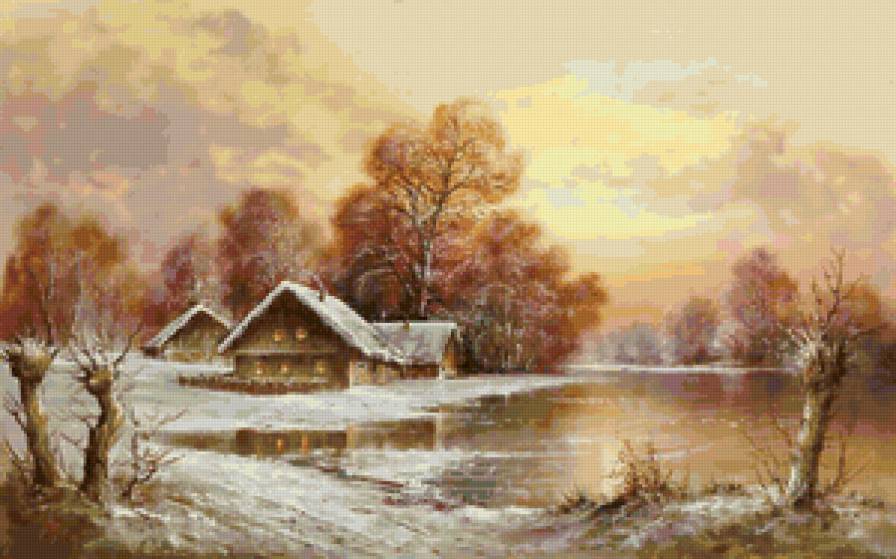 Первый снег - река, картина, дом, пейзаж, природа, живопись, лес - предпросмотр