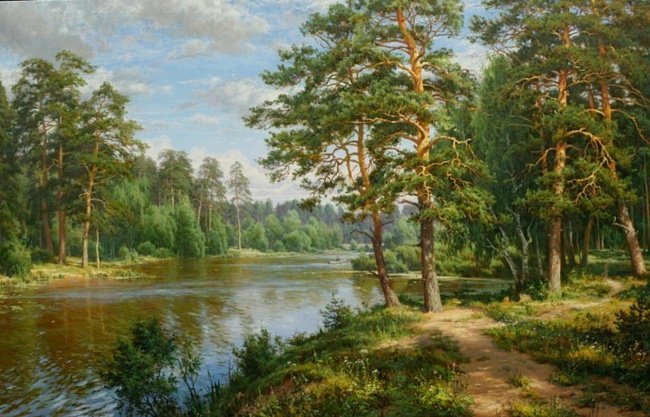 У реки - река, картина, пейзаж, дорога, природа, живопись, лес - оригинал