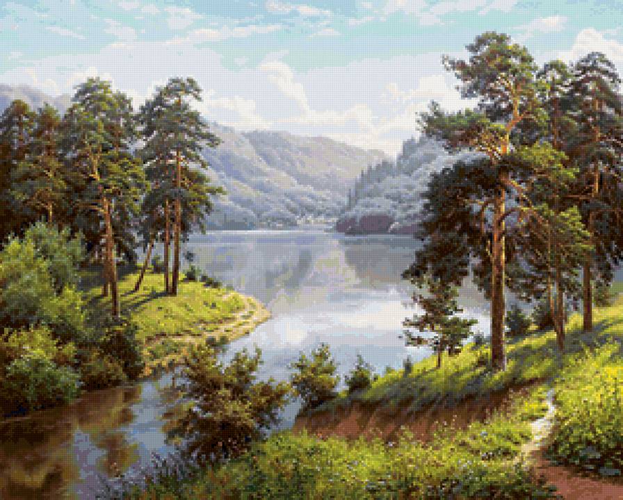 На берегу реки - пейзаж, живопись, природа, лето, река, лес, картина - предпросмотр