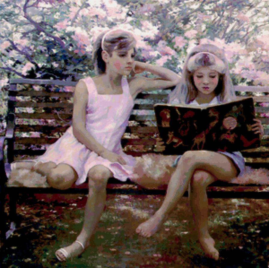 За чтением книги... - книга, парк, сад, девочка, цветы, дети, девушка, пейзаж - предпросмотр