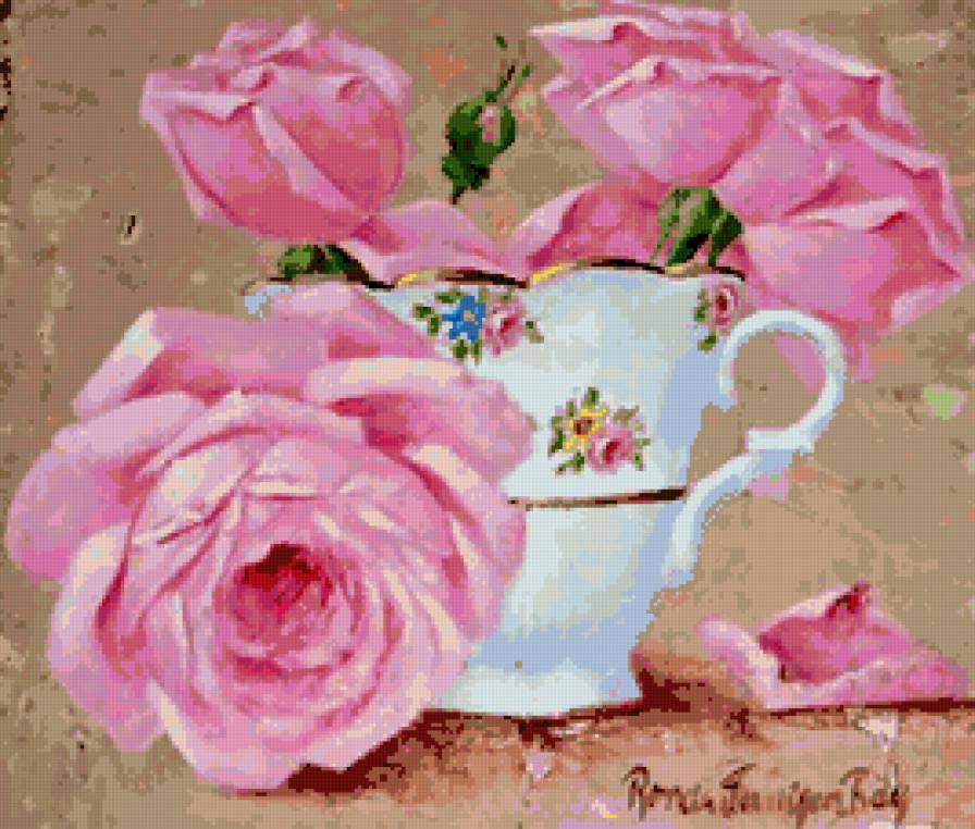 Нежный натюрморт - посуда, винтаж, розочки, цветы, душистые розы, роза, розы - предпросмотр