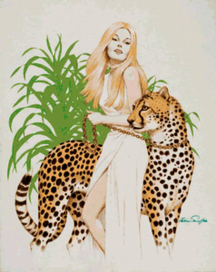девушка и леопард - женщина, образ, кошки, девушки, портрет, картина, хищники - предпросмотр