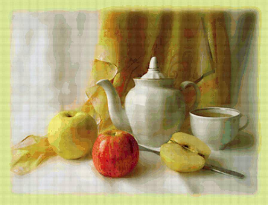 №77103 - чашка, чайник, фрукты, натюрморт - предпросмотр