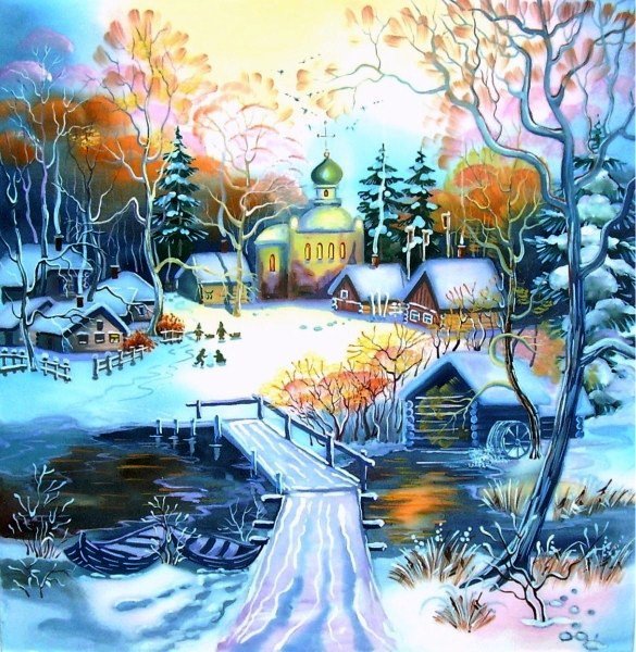 Зимний городок - зима, снег, домики, природа, цероковь, городок, пейзаж - оригинал