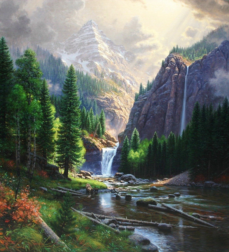 природа - картина, живопись, горы, водопад, лес - оригинал