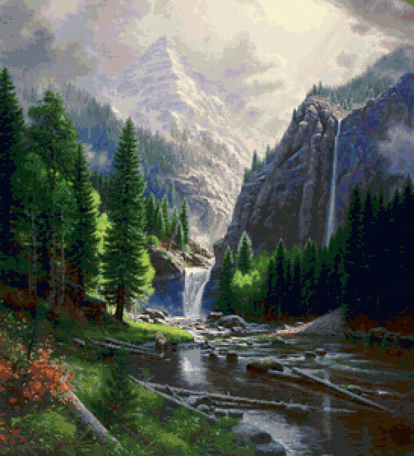 природа - водопад, живопись, картина, лес, горы - предпросмотр