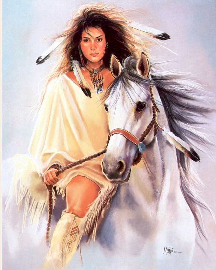 девушка на лошади - женщина, девушки, женственность, индейцы, картина, образ, лошадь - оригинал