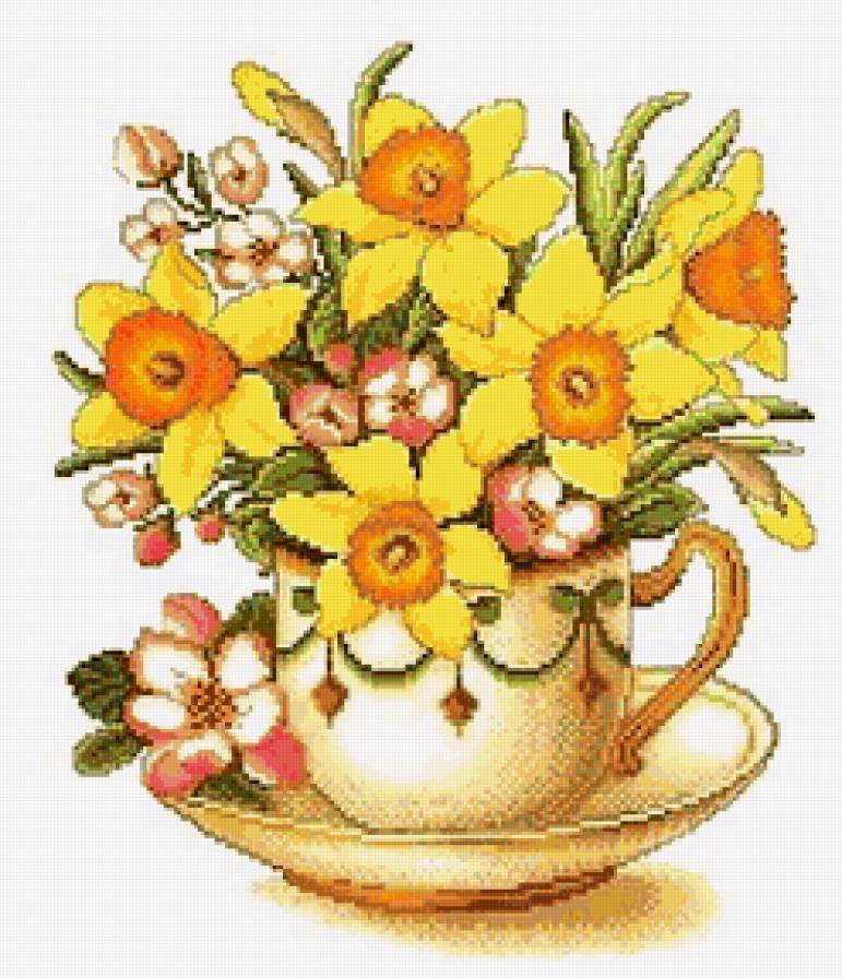 Цветы в чашечке - весенние цветы, чашечка, цветочки, нарциссы, цветы - предпросмотр