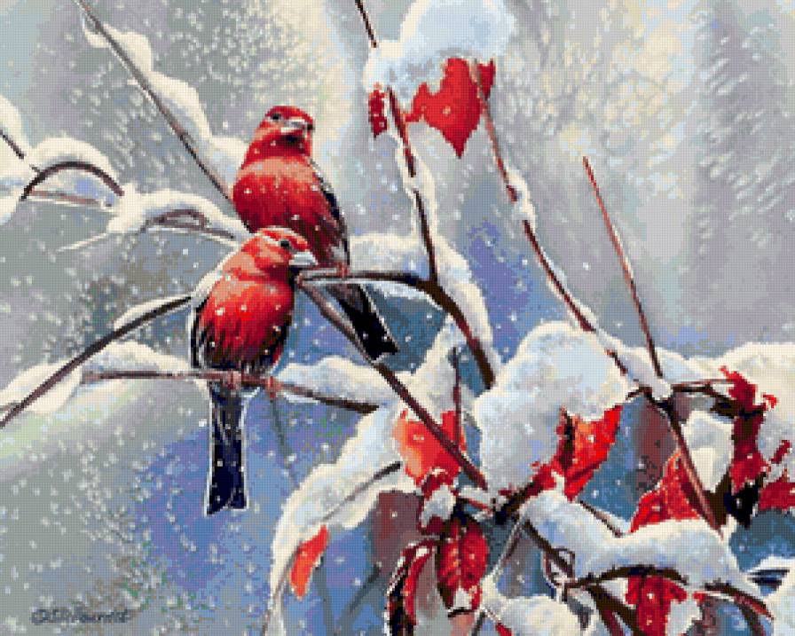 Зимние пташки - птички и ягодки, природа, ягодки, птица, снег, зима, птицы - предпросмотр