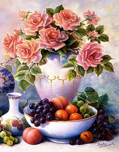 розы и фрукты - розы, флора, фрукты, душистые розы, розочки, виноград, роза - оригинал