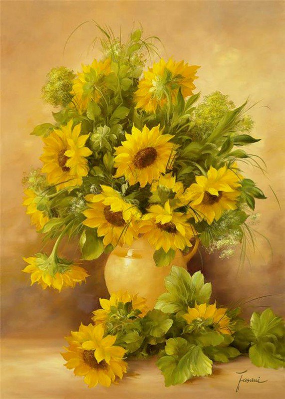 подсолнухи - букет, цветы, ваза, картина, подсолнухи - оригинал