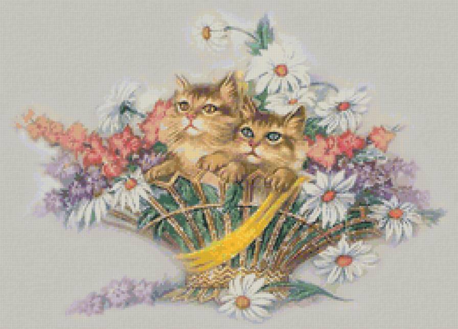 Котята в корзинке - котята, корзина, цветы - предпросмотр
