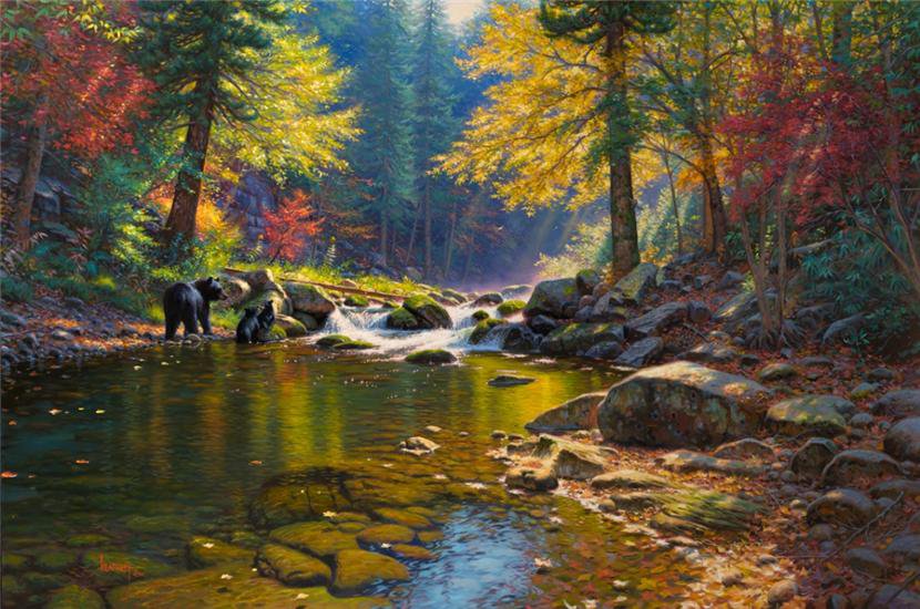 №79855 - медведи, природа, животные, живопись, деревья, пейзаж, речка - оригинал