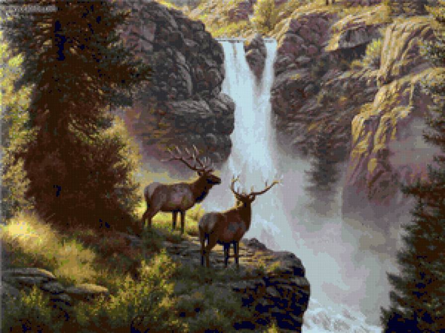 №79871 - пейзаж, живопись, олени, горы, водопад, природа, животные - предпросмотр