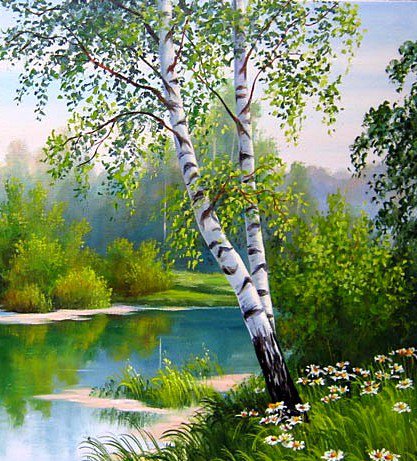 Две берёзки у воды - цветы, река, лето, березки, озеро, полдень - оригинал
