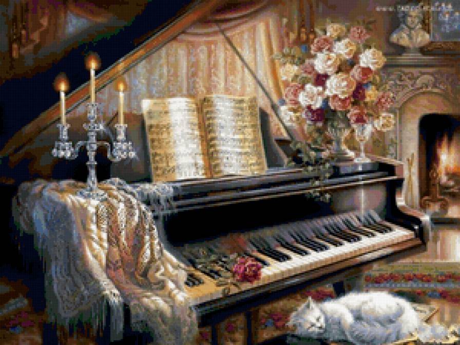 Рояль - кот, красота, картина, рояль, цветы - предпросмотр