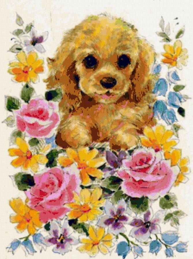 Пёсик в цветах - , цветы, собака, собаки, зверушки, животные, собачка, щенок - предпросмотр