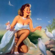 Оригинал схемы вышивки «девушка и голуби» (№81169)