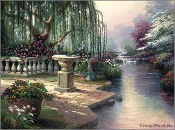 №81607 - парки, пейзаж, пруд, река, цветы, леревья, живопись - оригинал