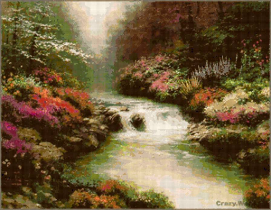 №81614 - пейзаж, деревья, река, природа, речка, живопись, цветы - предпросмотр