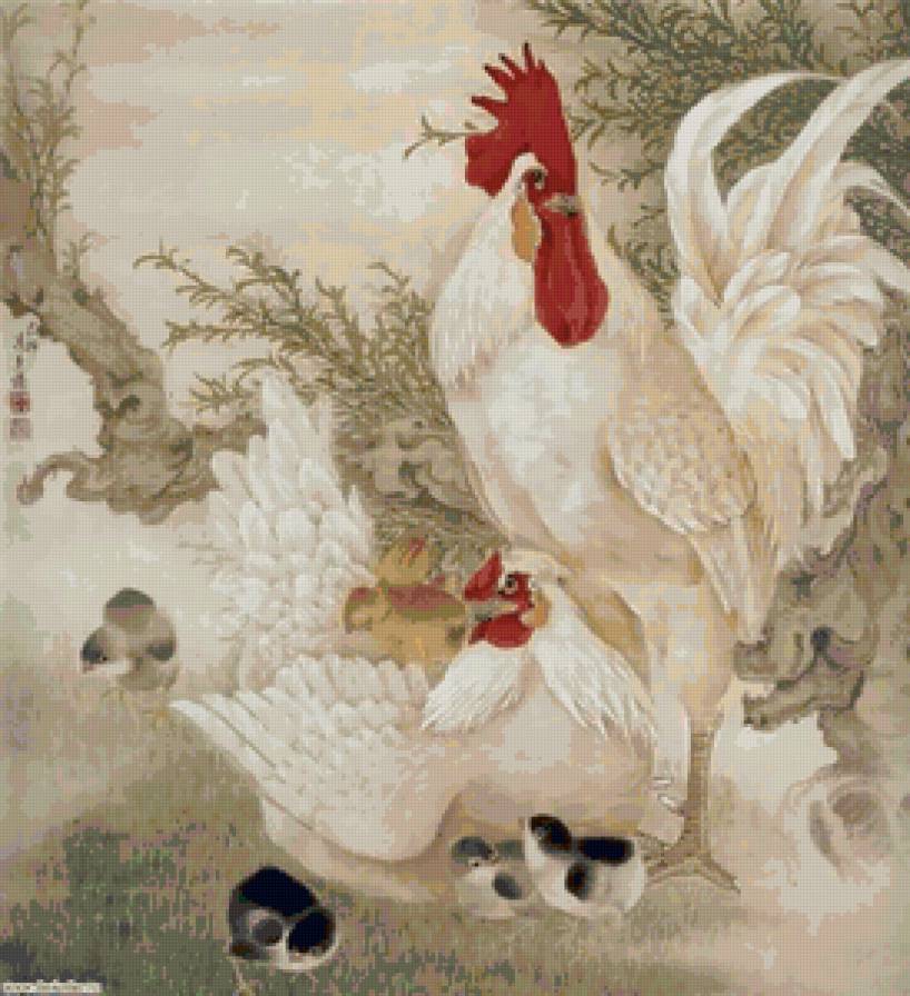 Петух и курочка 2 - картина, птицы - предпросмотр