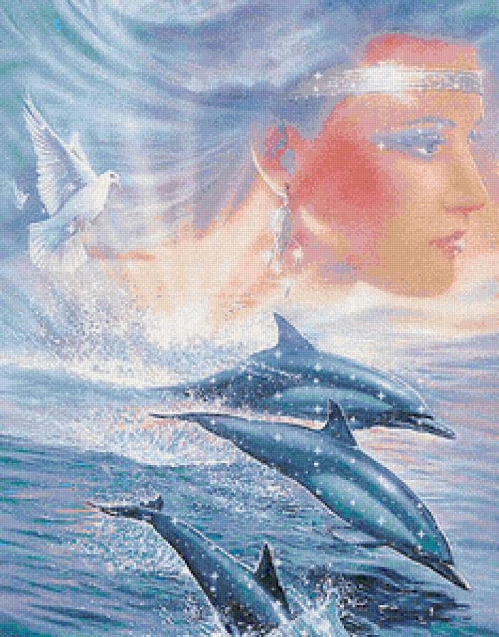 Девушка и дельфины - живопись, пейзаж, дельфины, девушка - предпросмотр