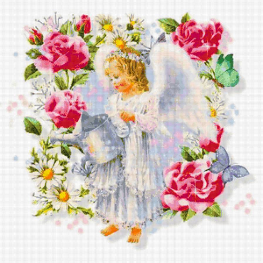 Ангелочек - ангел, живопись, дети, цветы - предпросмотр