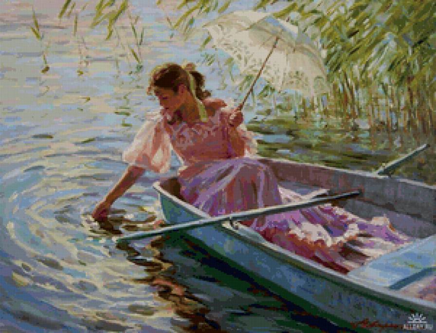 Девушка на лодке - женщина, аверин, лодка, зонтик, девушка, картина - предпросмотр