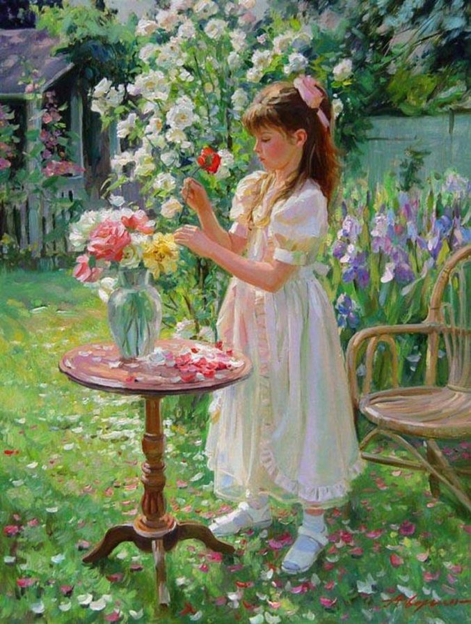 Девочка с цветами - ребенок, ваза, цветы, картина, аверин, девочка - оригинал