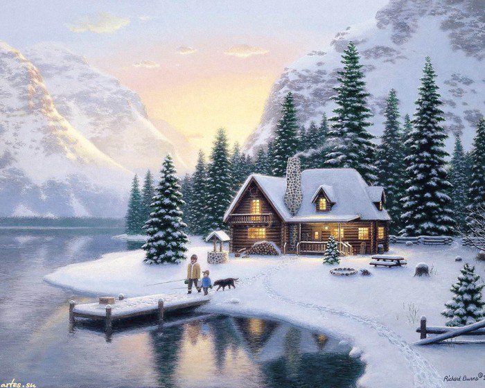 дом у реки - река, пейзаж, природа, лес, дом, зима - оригинал