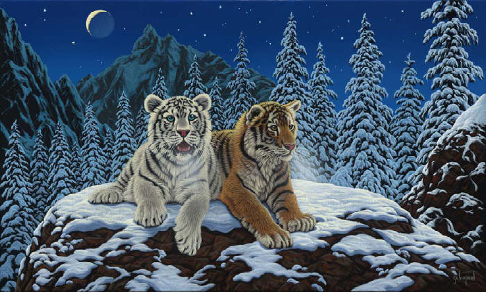 Тигры - пейзаж, тигры, животные, живопись - оригинал