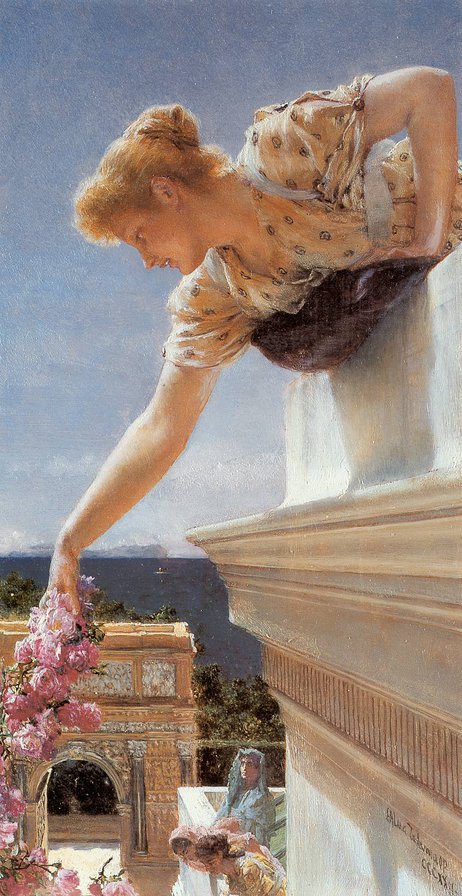 Девушка с цветами - лоуренс, девушка, женщина, картина, цветы, балкон - оригинал