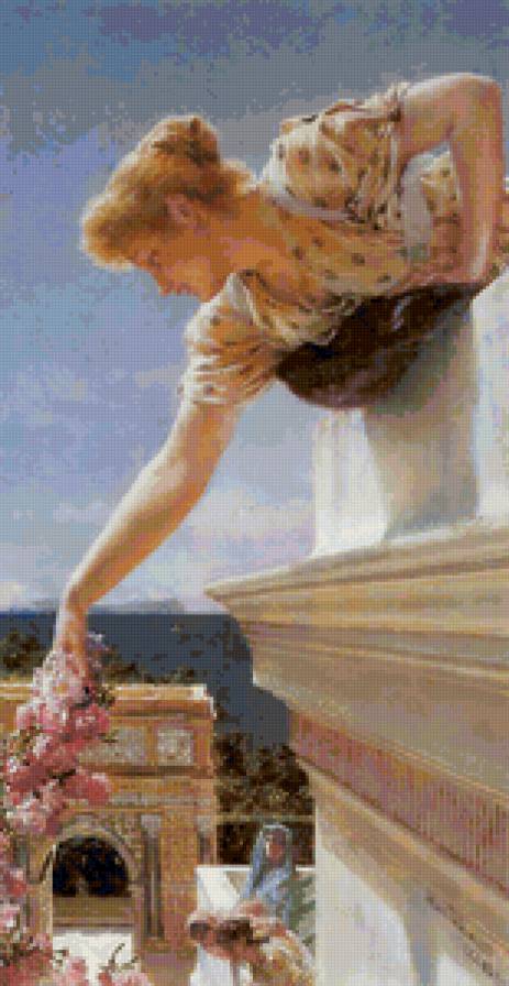 Девушка с цветами - балкон, девушка, картина, женщина, цветы, лоуренс - предпросмотр