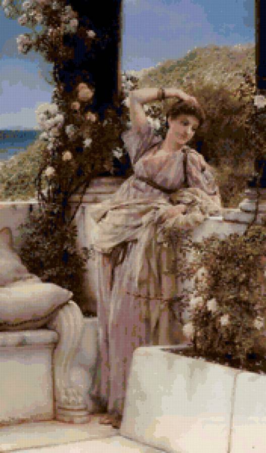 Девушка в саду - лоуренс, сад, цветы, картина, девушка, женщина - предпросмотр