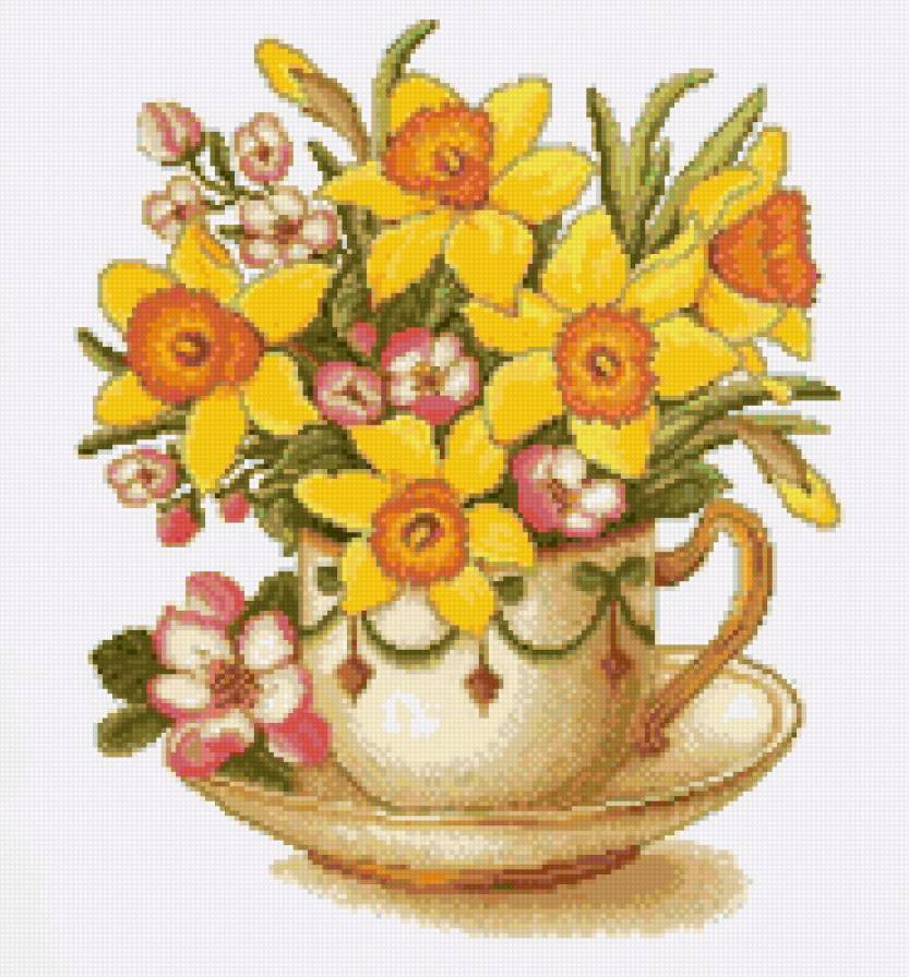 Нарциссы в чашке - нарциссы, подушка, букет, цветы - предпросмотр