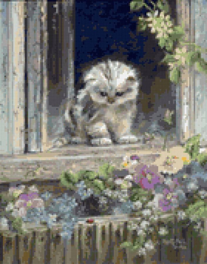 Котенок- цветовод. - домик, окно, котенок, цветы - предпросмотр