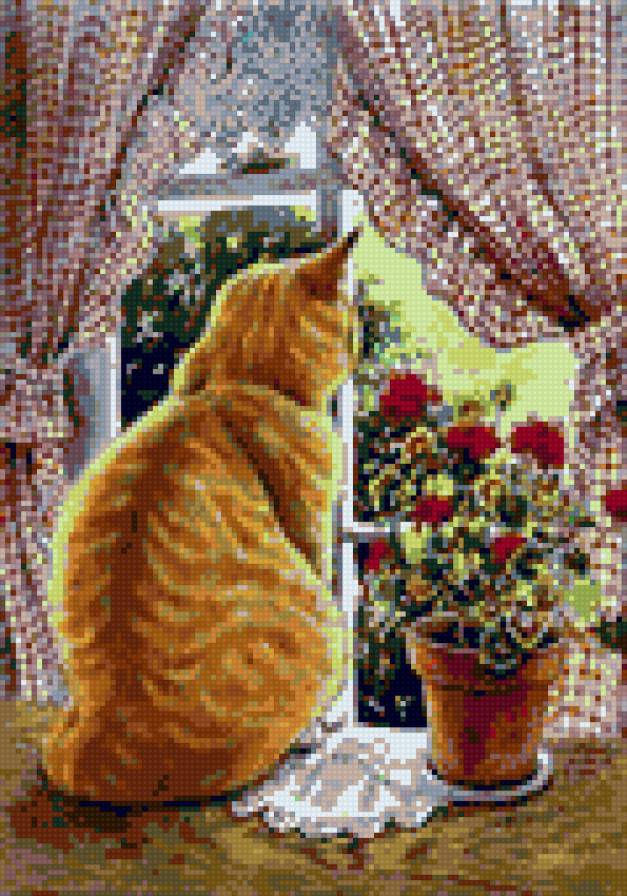 Задумчивый кот. - цветы, окно, кот - предпросмотр